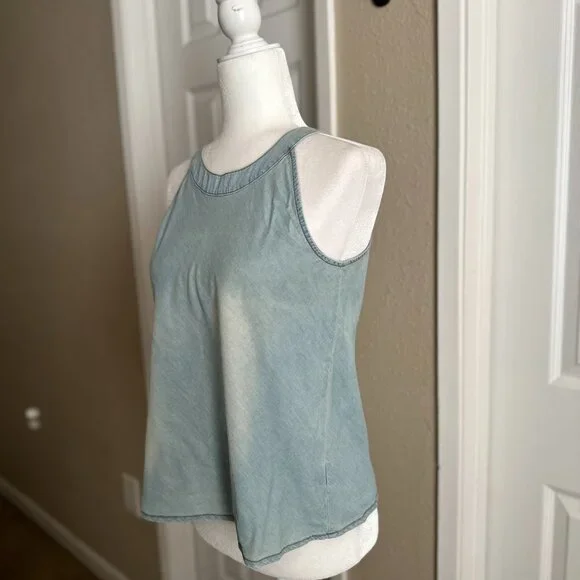 Vanilla Star Chambray Denim Sleeveless Tank Top Keyhole Back Blue Green Size M - Picture 3 of 8